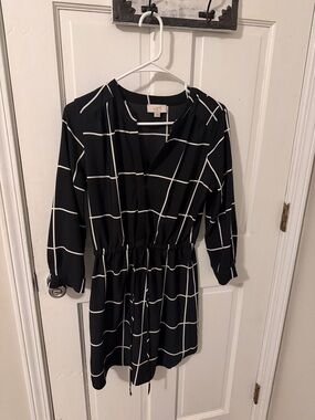 LOFT Black Dress with White Windowpane Pattern